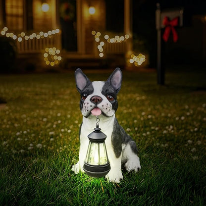 Outdoor French Bulldog Dog Statue with Interchangeable Welcome Sign and Detachable Solar Lantern –LED Light Garden Dog Sculpture Décor, Cute Puppy Design for Yard, Porch, Gift