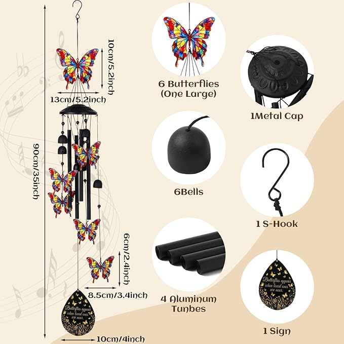 Hicarer Butterfly Wind Chimes for Outside 35" Black Metal Wind Chime Soothing Tones Memorial Windchimes Decor Butterfly Gifts for Women Men Outdoor Garden Yard Patio Decor Memorial Birthday Gifts