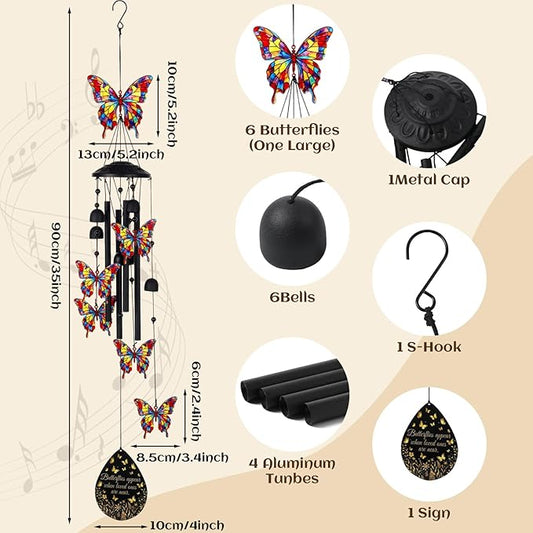 Hicarer Butterfly Wind Chimes for Outside 35" Black Metal Wind Chime Soothing Tones Memorial Windchimes Decor Butterfly Gifts for Women Men Outdoor Garden Yard Patio Decor Memorial Birthday Gifts