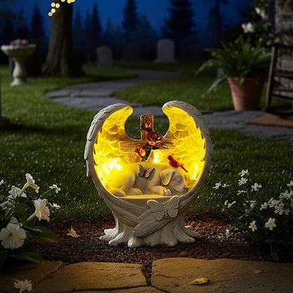 Dog Memorial Stone Solar Angel Wings Garden Statue with Cross Roses Cardinal Butterfly, Sleeping Dog Grave Markers Outdoor Waterproof Resin Pet Loss Sympathy Gift for Cemetery, 10 Inch