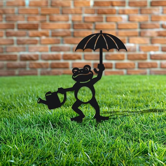WADORN Watering Frog with Umbrella Decorative Silhouette Garden Stakes, Metal Frog Animals Stakes Statues Ornaments Lovers Gifts Yard Art Black Silhouette Yard Outside Decor, 10.2x14.2 Inch
