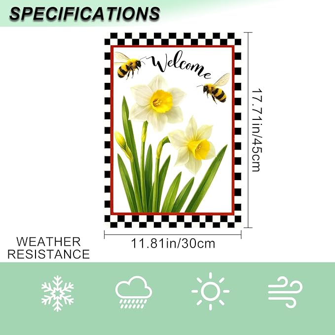 IVN Welcome Garden Flag 12x18 Inch Double Sided Spring Summer Garden Yard Flags White Daffodils Bees Decorative Small Flags for Outdoor Seasonal Front Door Lawn Porch Patio Decor Yard Flag