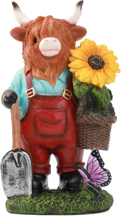 Outdoor Highland Cow Garden Statue with Sunflower Basket, Handmade Resin Figurine for Yard Patio Lawn Decor, Birthday Gifts for Women & Mom