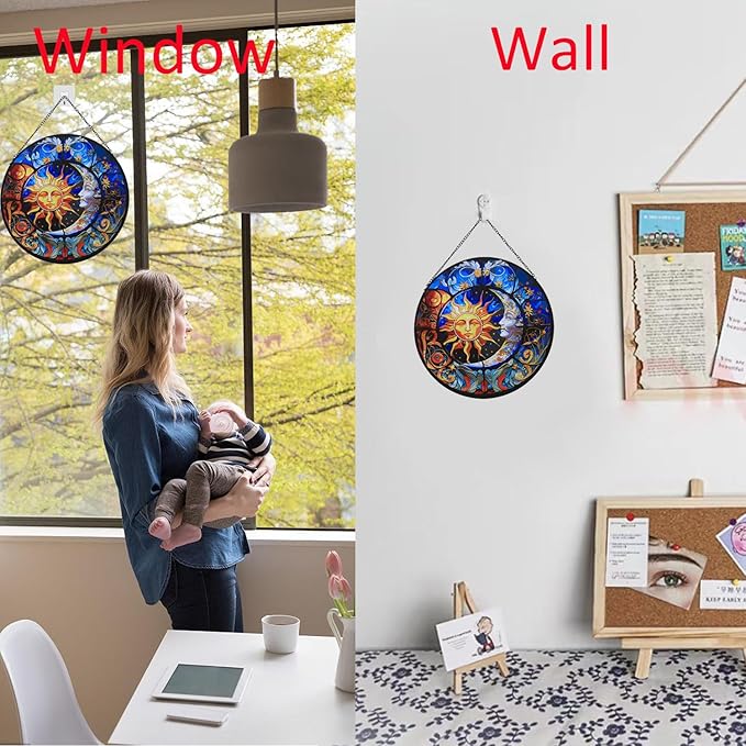 Hanging Stained Glass for Windows,20cm/7.87inch Sun and Moon Hand-Painted Sun Catcher Garden Hangings Christmas Mother's Day, Valentine's Day Ornaments Festival Gift