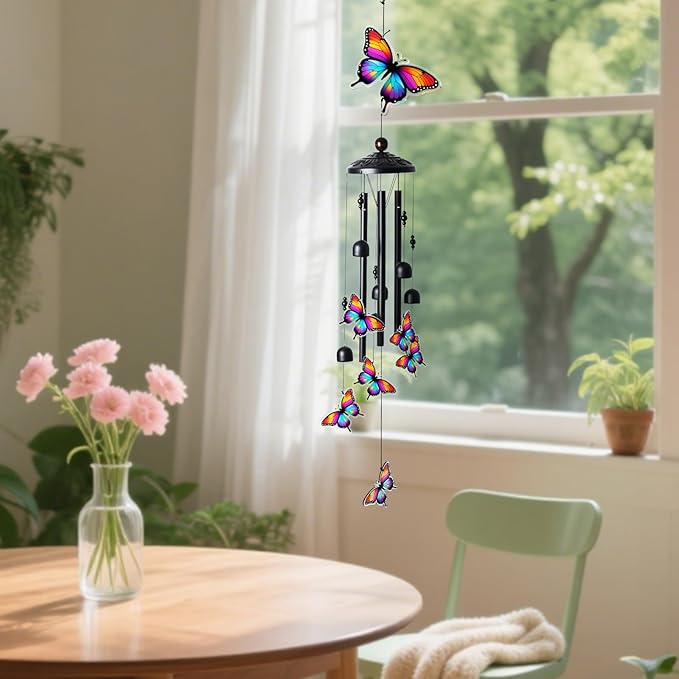 Butterfly Wind Chimes for Outside, Black Metal Acrylic Windchimes Outdoors, Butterfly Gifts for Women Men, Garden Yard Decor, Memorial/Birthday Gifts for Grandma Mom, Durable Chimes for Outdoors