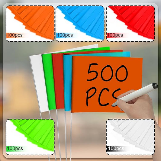 Zozen Marking Flags, 500 Pack / 100 x 5 Colors / 15x4x5 Inch - Yard Flags for Lawn & Irrigation & Landscape & Sprinkler & Survey & Dog Training.