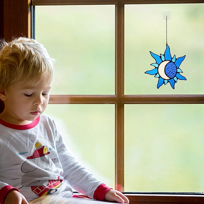 Sun and Moon Stained Glass Window hangings,Sun Moon Decor Glass Suncatchers Ideal for Garden, Home, Farmhouse, Patio and Bedroom
