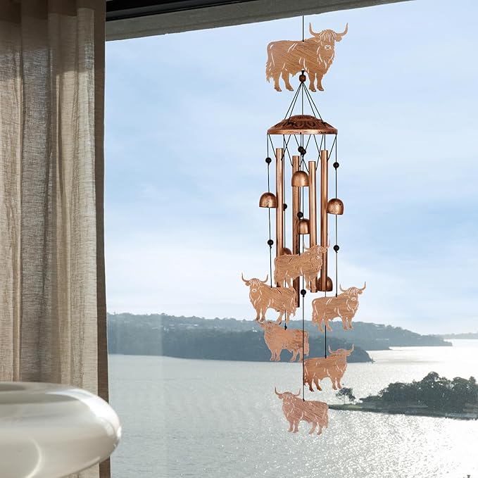 GDNSFIT Highland Cow Wind Chimes for Outside, Metal Windchimes Outdoors, Highland Cow Gifts for Women/Men, Memorial/Birthday Gifts, Garden Decor for Outside, Patio or Yard, Durable Chimes for Outdoors