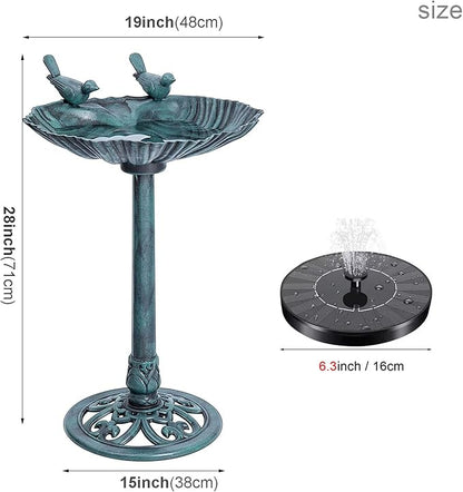 Water Fountain and Birdbath Solar Powered Polyresin Vintage Bronze/Green Outdoor Pond Fountain Combo Set Freestanding Bird Feeders for Garden Patio Deck or Yard