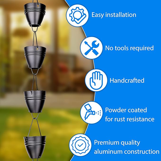 RainChains Pacific Twin Stripe Rain Chain 8.5ft Black Aluminum Rain Chains for Outside Decorative Gutter Chain Downspout.