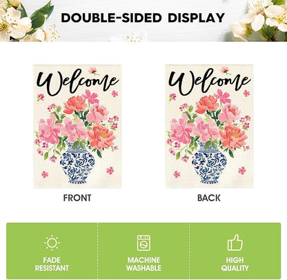 AVOIN colorlife Pink Peony Spring Floral Garden Flag 12x18 Inch Double Sided Outside, Blue and White Chinoiserie Seasonal Welcome Yard Outdoor Flag