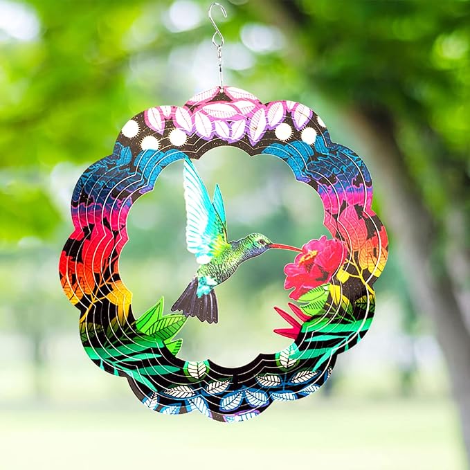 Wind Spinner Yard Art Garden Decor 3D Stainless Steel Metal Sculptures Kinetic Hanging Whirligigs Hummingbird Decorations Backyard Outside Indoor Outdoor Patio Ornaments Clearance Sun Catcher Windmill