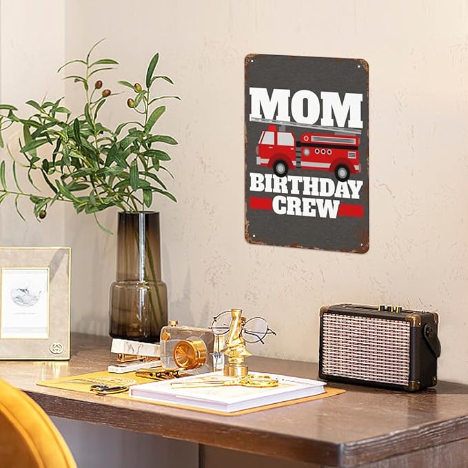 Vintage Tin Metal Sign Mom Of The Birthday Crew Fire Truck 8x12 Inches Retro Wall Decor for Home,Garden,Patio,Office,Kitchen,Bathroom,Living Room,and More! Funny Quotes & Motivational Decorations