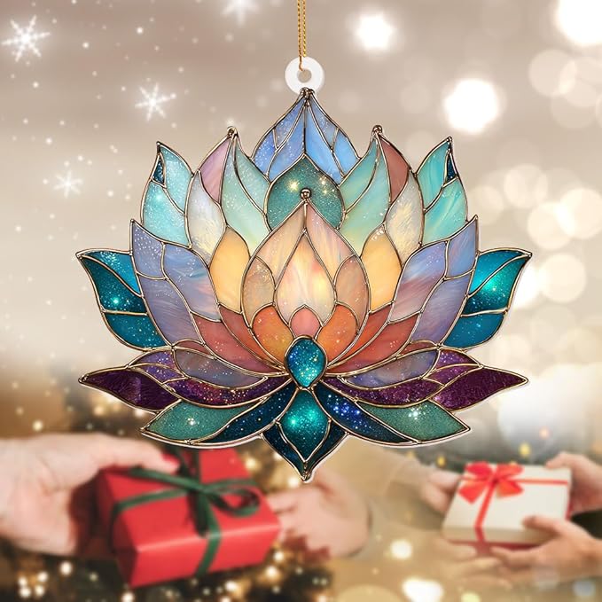 Lotus Stained Glass Acrylic Ornament – Colorful Lotus Flower Suncatcher for Windows, Christmas 2025 Ornament, Holiday & Spiritual Home Décor, Unique Handmade Gift(Sun-24)