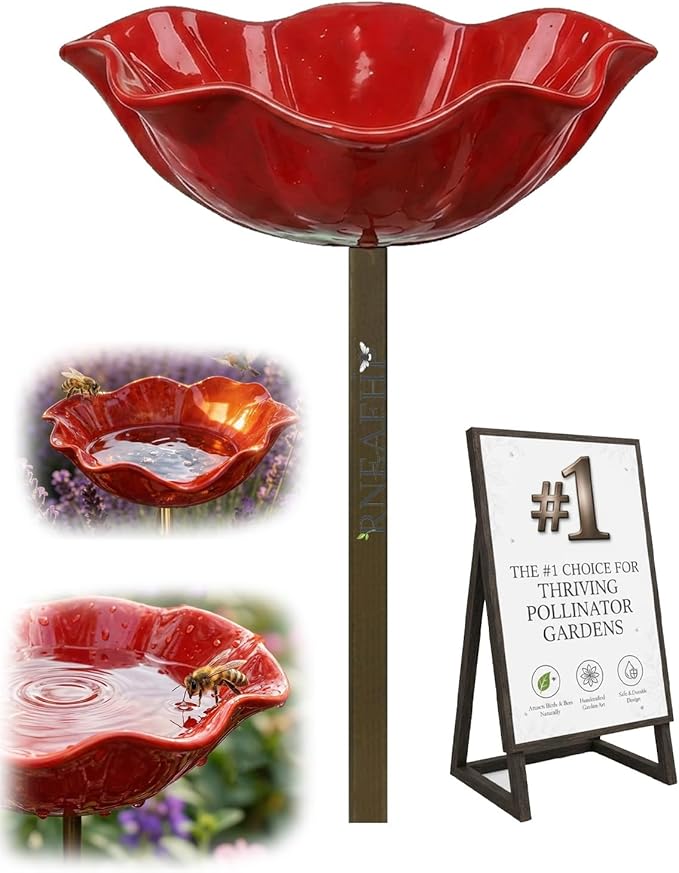 Handmade Metal Flower Garden Stakes Bird Bath Bee Watering Station for Garden Outside Pollinators Birdbaths Bowl for Decorative Outdoors Yard Art Hummingbird Fountain Butterfly Water Feeder Gift(1pc)