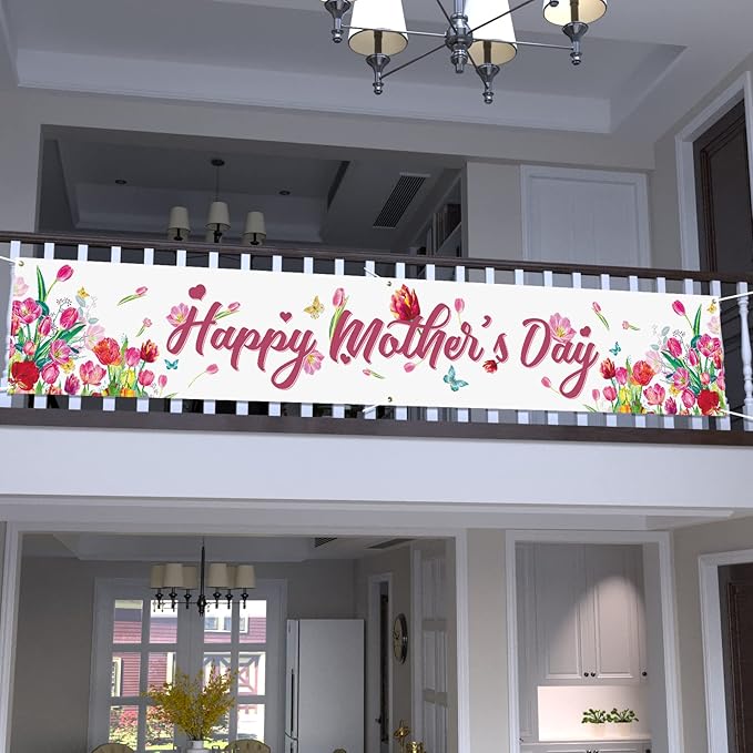 Probsin Large Happy Mother's Day Banner Decorations 120x20 Inch Mothers Day Yard Sign Holiday Hanging Outdoor Decor Tulips Party Supplies for Indoor Outdoor Garden Fence Balcony Welcome Home Decor