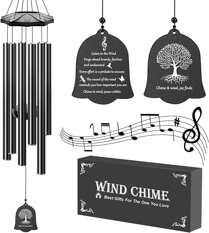 Wind Chimes for Outside - 6 Tubes 32" Wind Chimes for Loss of Loved One, Retirement & Outdoor Patio Yard Decoration, Retired Gift for Mom Women Grandma Neighbors Garden Décor Black