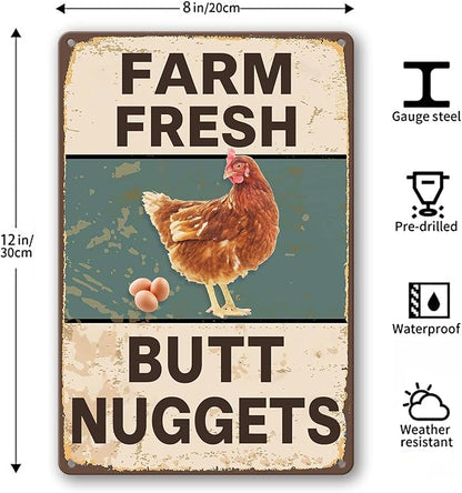 Vintage Metal Signs Chicken Coop Signs for Farm Yard Decor, Farm Tin Signs for Home Kitchen Outdoor Decor, Fresh Butt Nuggets - 8×12 inches