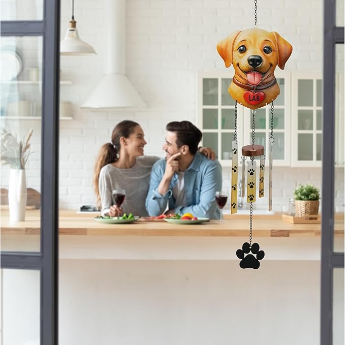 CoTa Global Lab Dog Wind Chime - Labrador Puppy Hanging Decor with Paw Print Glass Tubes, Brown and Yellow Dog Garden Ornament, Indoor Outdoor Porch Patio Yard Decoration - 25 Inches
