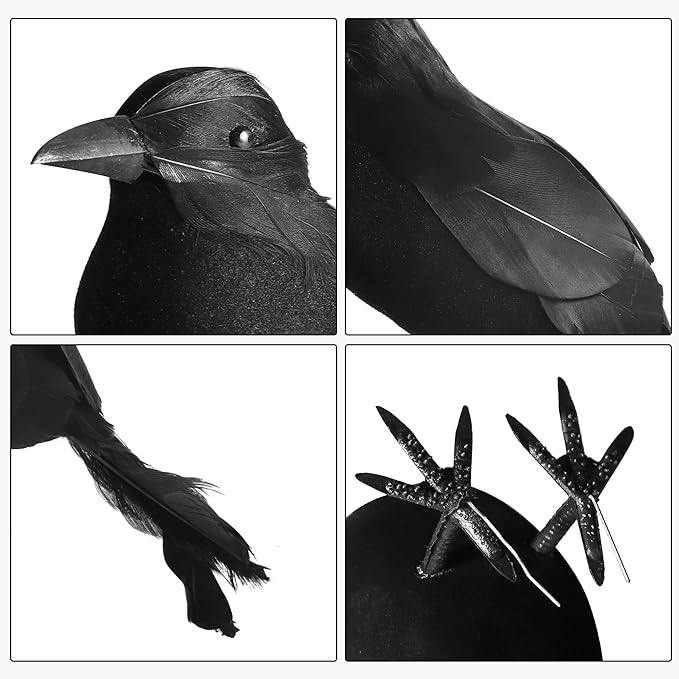 kemooie 6 Packs Real Feathered Halloween Black Crows, Handmade Realistic Crow with Real Feathers Raven Birds for Yard Tree Garden Patio Indoor Outdoor Halloween Decorations