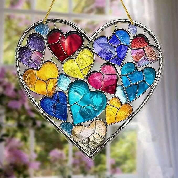 Valentine's Day Sun Catcher for Window Hanging with Colorful Hearts Designs Acrylic Suncatchers Hanging Ornaments Romantic Valentine's Room Decor，Housewarming Women Decor Gifts