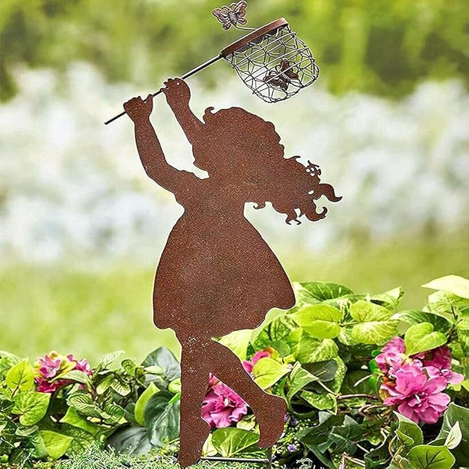 Boy Girl Silhouettes Chasing Butterfly Metal Vintage Garden Silhouette Sculpture Yard Garden Metal Stake Decor
