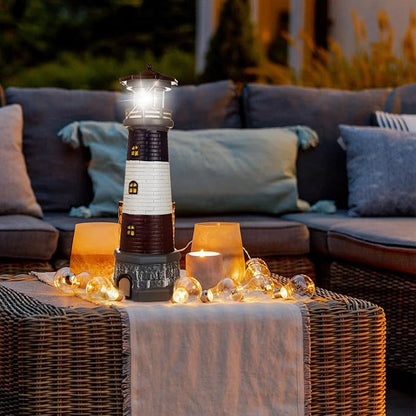 Solar Lighthouse Outdoor Statues, 360° Rotating Beacon Garden Lighthouse, 15" Light House for Outside Garden Yard Decor, Waterproof Resin Nautical Figurines for Patio Lawn Landscape Lighting (Black)
