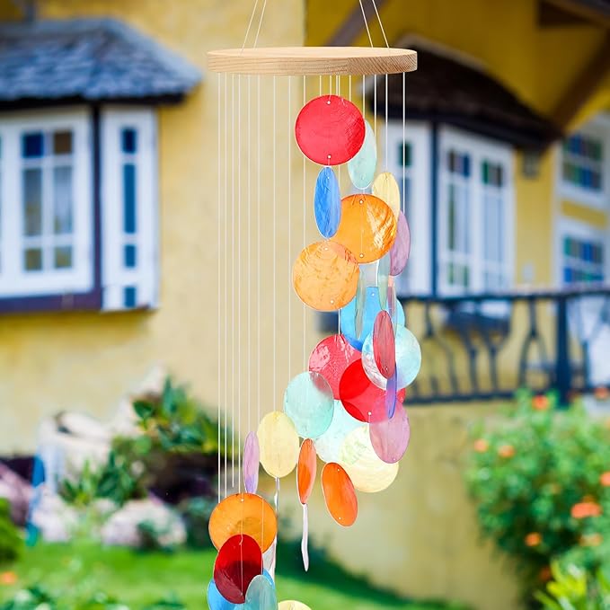 Wenqik Sea Glass Shell Wind Chimes for Outside Seaglass Capiz Windchime Spiral Wind Chimes for Women Beach Holiday Summer Gift Indoor Outdoor Home Housewarming Garden Decor(Colorful)