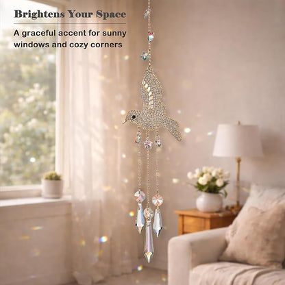 Hummingbird Crystal Suncatcher for Window Hanging, Rainbow Maker Prism Ornament with Hook, Sparkling Sun Catcher Decor for Home, Patio, Garden, Bird Lover Gift (Teardrop Crystal)