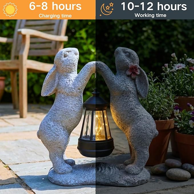 Rabbit Solar Garden Statue, Outdoor Double Bunny Decorations with Hanging Lantern, Bunny Figurines Decor for Patio Yard Lawn, Whimsical Housewarming Gifts for Women & Garden Lovers