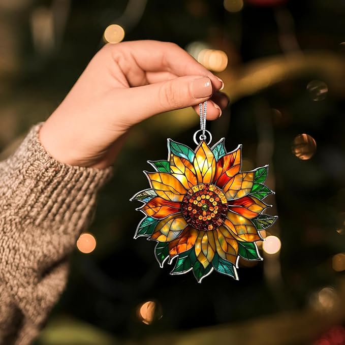 Stained Glass Window Hanging Suncatcher – Paint Golden Sunflower Acrylic Suncatcher Stained Glass Ornament Indoor Outdoor Decor Garden Sun Catcher Panel for Sunflower Lover for Women Mom Grandma