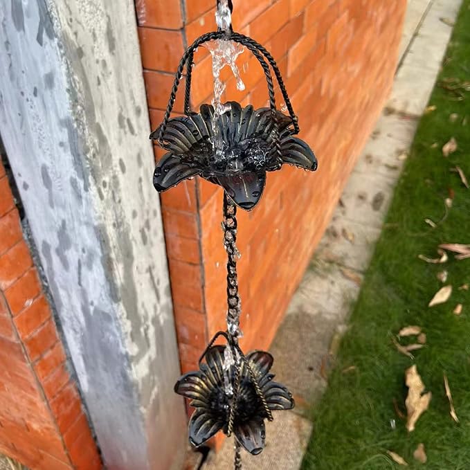Jemeni 6.5 Feet Metal Rain Chain, Rain Chains for Gutters with 7 Cups, Lily Flower Style, Bronze