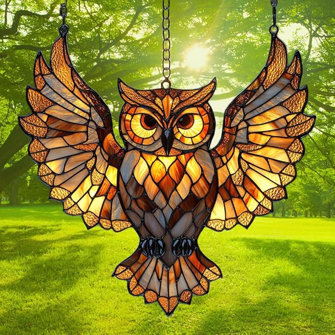 Owl Faux Tiffany Acrylic Suncatcher Stained Glass Effect Window Car Hanging Christmas Ornament Indoor Outdoor Decor Garden Sun Catcher Panel for Owl Lover for Women Mom Grandma