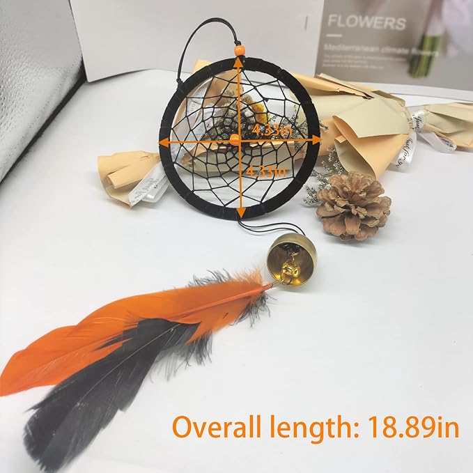 Dreamcatcher Indian Round Net Wind Chimes, Creative Black and Orange Feather Chimes for Balcony, Study, Bedroom Hanging Decoration