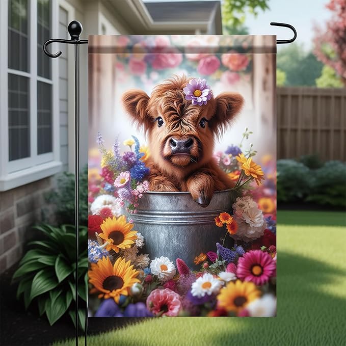 Highland Cow Garden Flags For Outside 12x18 Double Sided Rustic Farmhouse Floral Spring Summer Welcome Yard Sign Decor Cute Gifts For Women Mom Mothers Day Outdoor Lawn Ornament