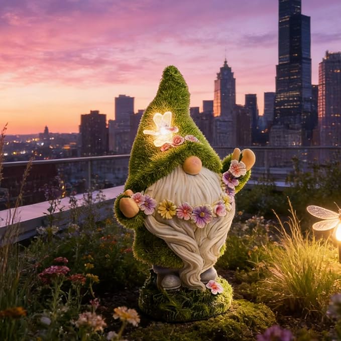 DiliComing Garden Flocked Gnomes Decor for Yard - Artificial Green Moss Gnome Statue with Solar Light, Dwarf Sculpture for Outdoor Patio Porch Lawn Decor, Spring Decorations for Home