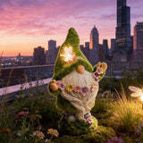 DiliComing Garden Flocked Gnomes Decor for Yard - Artificial Green Moss Gnome Statue with Solar Light, Dwarf Sculpture for Outdoor Patio Porch Lawn Decor, Spring Decorations for Home