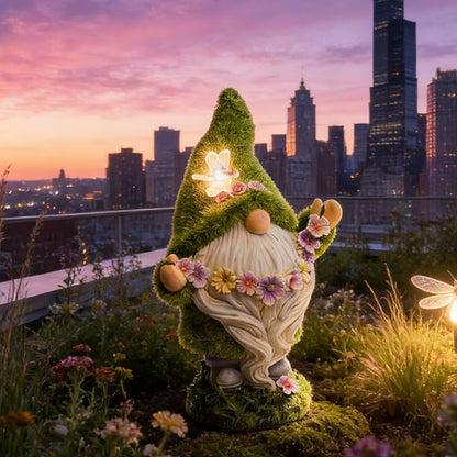 DiliComing Garden Flocked Gnomes Decor for Yard - Artificial Green Moss Gnome Statue with Solar Light, Dwarf Sculpture for Outdoor Patio Porch Lawn Decor, Spring Decorations for Home