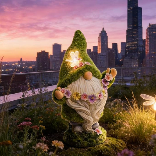 DiliComing Garden Flocked Gnomes Decor for Yard - Artificial Green Moss Gnome Statue with Solar Light, Dwarf Sculpture for Outdoor Patio Porch Lawn Decor, Spring Decorations for Home