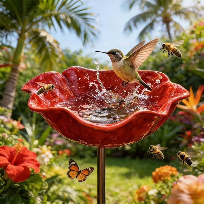 Handmade Metal Flower Garden Stake, Handmade Metal Flower Bird Bath & Pollinator Water Station, Colorful Bee/Butterfly/Bird Watering Station for Garden (1Pcs)