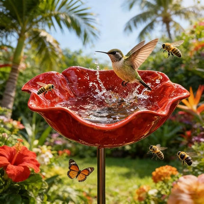 Handmade Metal Flower Garden Stake, Handmade Metal Flower Bird Bath & Pollinator Water Station, Colorful Bee/Butterfly/Bird Watering Station for Garden (1Pcs)