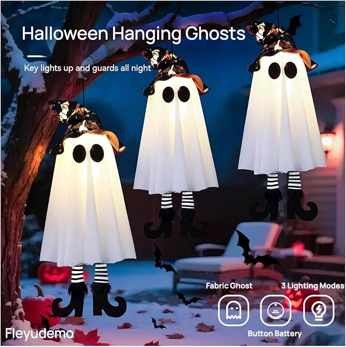 3 Pack Halloween Hanging Ghosts,Halloween Decorations Outdoor,19 inch Light Up Hanging Ghost with Witch Hat for Yard Patio Garden Tree