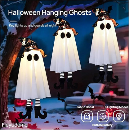 3 Pack Halloween Hanging Ghosts,Halloween Decorations Outdoor,19 inch Light Up Hanging Ghost with Witch Hat for Yard Patio Garden Tree