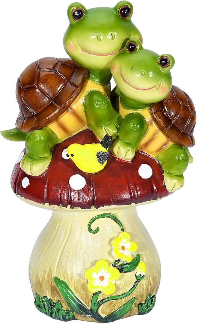 Solar Light Turtle Garden Statue, Turtle on Mushroom Figurine, Lovely Tortoise Garden Statue with 5 LED Lights for Patio, Balcony, Yard, Housewarming, Outdoor Lawn Decorations