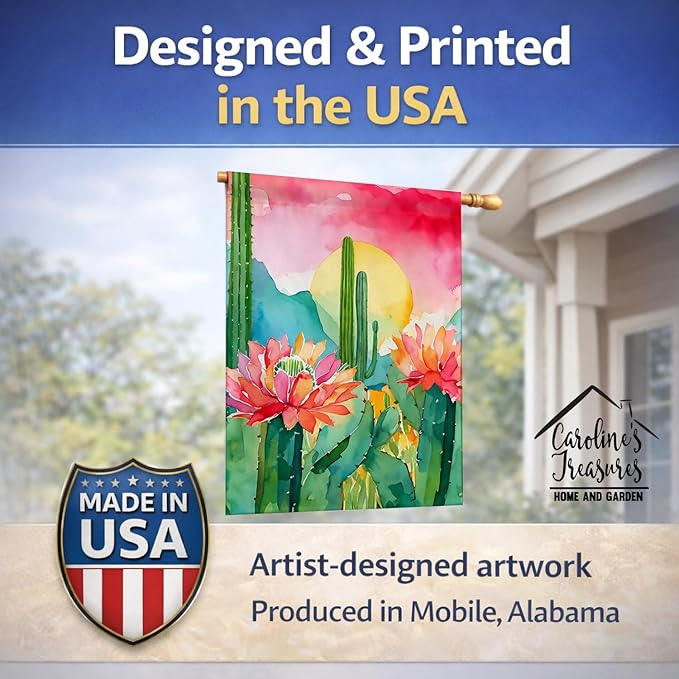 Caroline's Treasures Arizona Saguaro Cactus Blossom in Watercolor House Flag Large Porch Sleeve Pole Decorative Outside Yard Banner Artwork Wall Hanging, Polyester, House Size, Multicolor