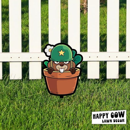 Garden Outdoor Small Metal Art 7"x 6" Weather Resistant Lawn Ornaments Sturdy Stakes Yard Sign Decoration for Patio (Beaver with Army Helmet)