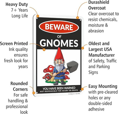 SmartSign Funny Beware Of Gnomes Warning Sign - 10"x7", 40 mil Laminated Rust-free Aluminum - Metal Signs for Wall Decor, Outdoors, Patio, Gifts, Bar, Club, Cafe - Gnomes Theme, Made in USA