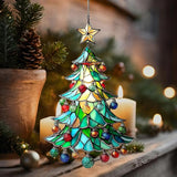 Mosaic Style Christmas Ornaments Tree Acrylic Suncatcher Stained Glass Effect Window Car Hanging Christmas Ornament Indoor Outdoor Decor Garden Sun Catcher Panel for Women Mom Grandma