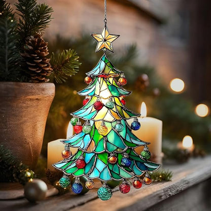 Mosaic Style Christmas Ornaments Tree Acrylic Suncatcher Stained Glass Effect Window Car Hanging Christmas Ornament Indoor Outdoor Decor Garden Sun Catcher Panel for Women Mom Grandma