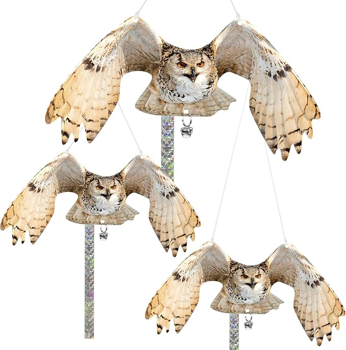 Owls to Keep Birds Away: 3Pcs Fake Owls with Reflective Tape for Garden Patio Tree, Bird Scare Reflective Hanging Decoration to Keep Birds from Windows Tree Garden